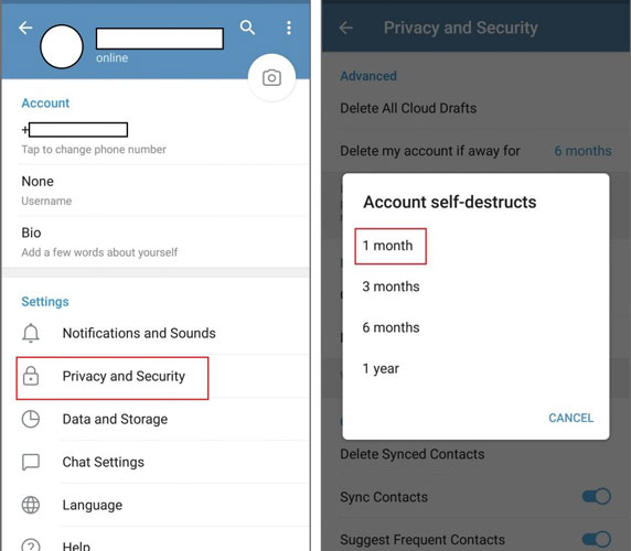 حذف اکانت تلگرام با تنظیم حذف خودکار (روش اول)