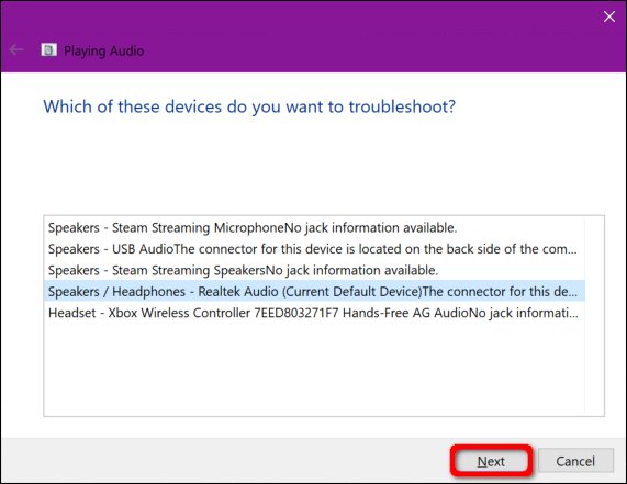 Select Audio Device to Troubleshoot