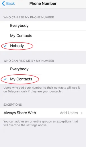 پنهان کردن شماره تلفن در تلگرام