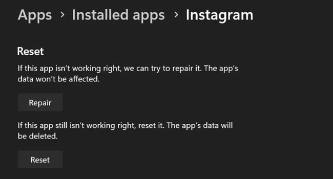 تعمیر اپلیکیشن اینستاگرام در ویندوز 11