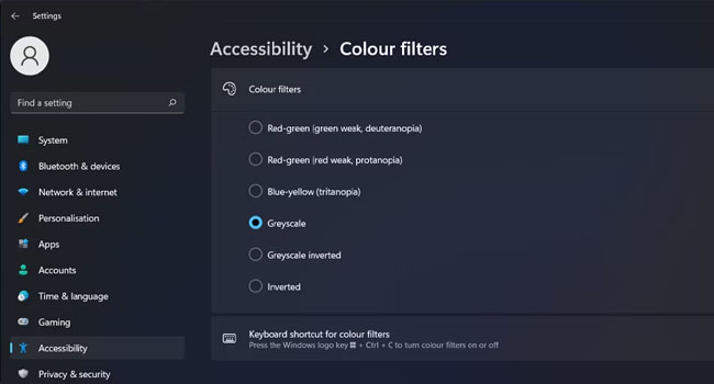 تنظیمات فیلتر های رنگی ویندوز 11