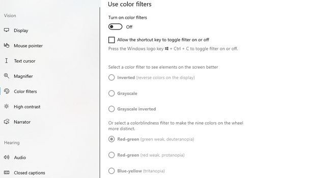 تنظیمات فیلتر های رنگی در ویندوز 10
