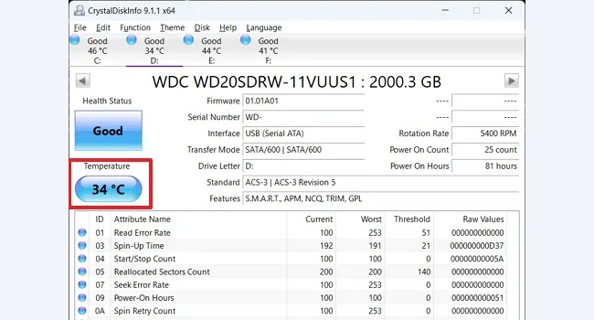 بررسی دمای هارد دیسک با استفاده از نرم افزار CrystalDiskInfo در ویندوز 11