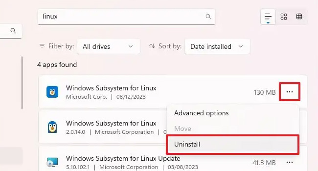حذف زیر سیستم ویندوز برای لینوکس در ویندوز 11
