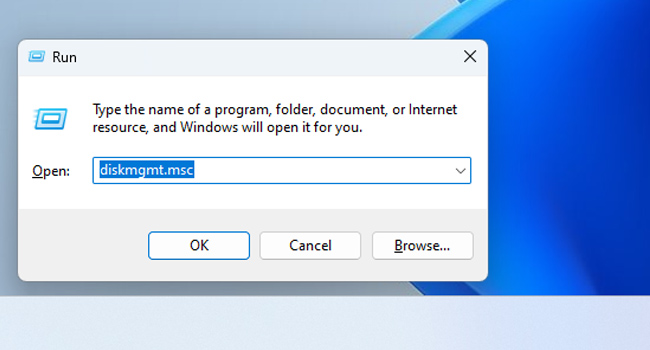 باز کردن برنامه Disk Management با استفاده از ابزار Run در ویندوز 11