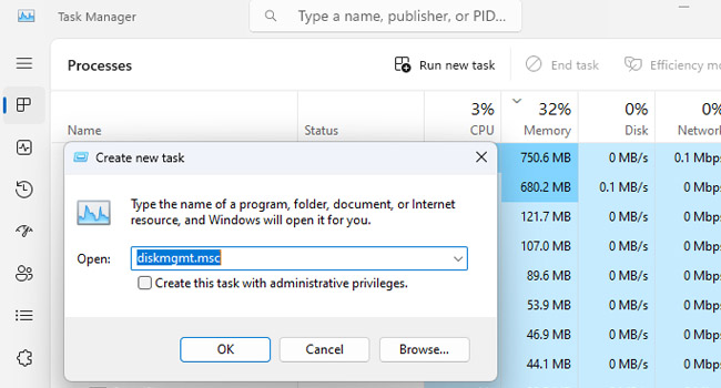 باز کردن برنامه مدیریت دیسک با استفاده از ابزار Task Manager در ویندوز 11