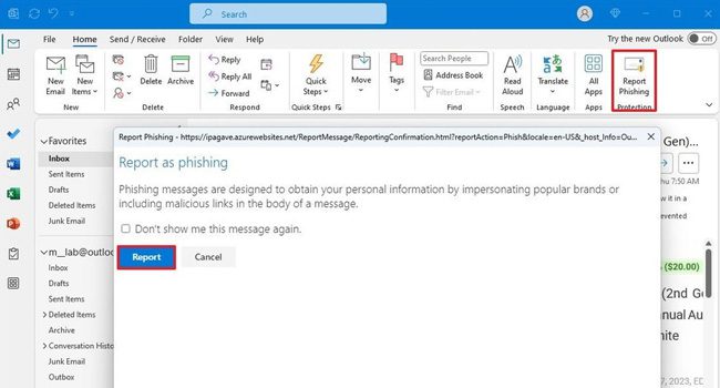 گزارش ایمیل های فیشینگ در برنامه قدیمی outlook