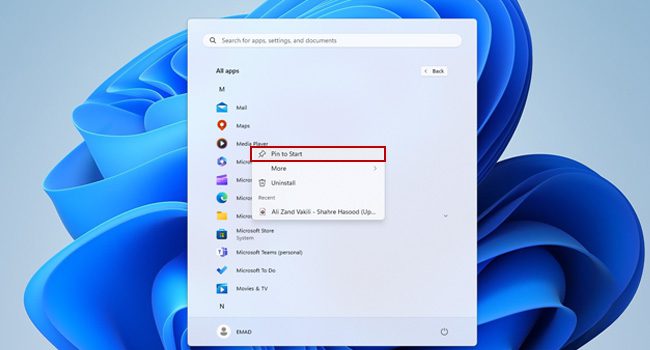 پین کردن برنامه مدیاپلیر در منوی استارت ویندوز 11