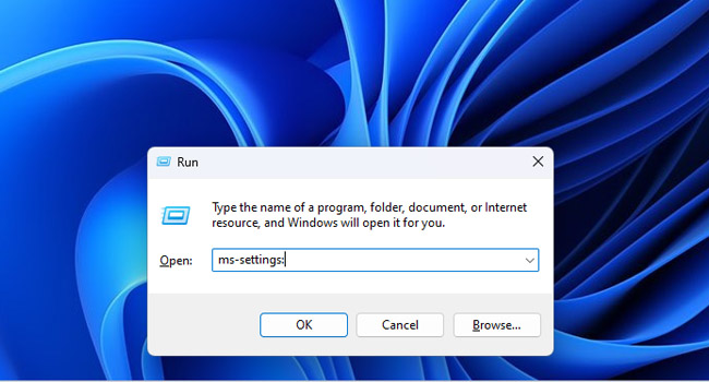باز کردن برنامه تنظیمات با استفاده از ابزار Run