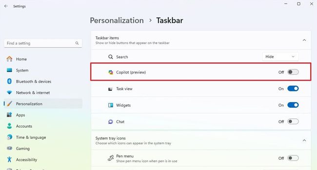 غیر فعال کردن کوپایلت با استفاده از برنامه تنظیمات