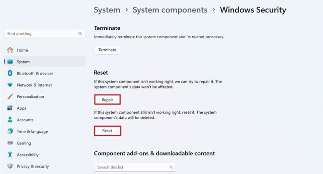 بازنشانی برنامه windows security با استفاده از ابزار تنظیمات ویندوز 11