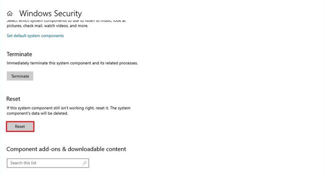 بازنشانی برنامه windows security با استفاده از ابزار تنظیمات ویندوز 10