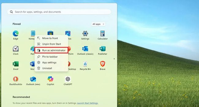 باز کردن برنامه با مجوز های ادمین در منوی استارت ویندوز 11