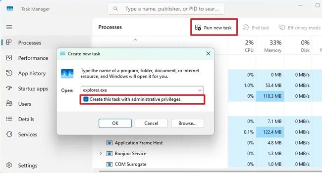 باز کردن برنامه با مجوز های ادمین در برنامه Task Manager ویندوز 11