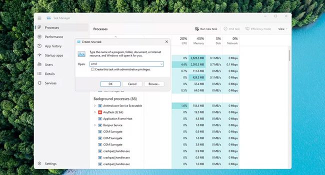 باز کردن cmd با استفاده از کادر task manager