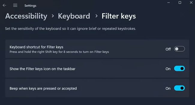 ویژگی ویژگی Filter Keys در ویندوز 11